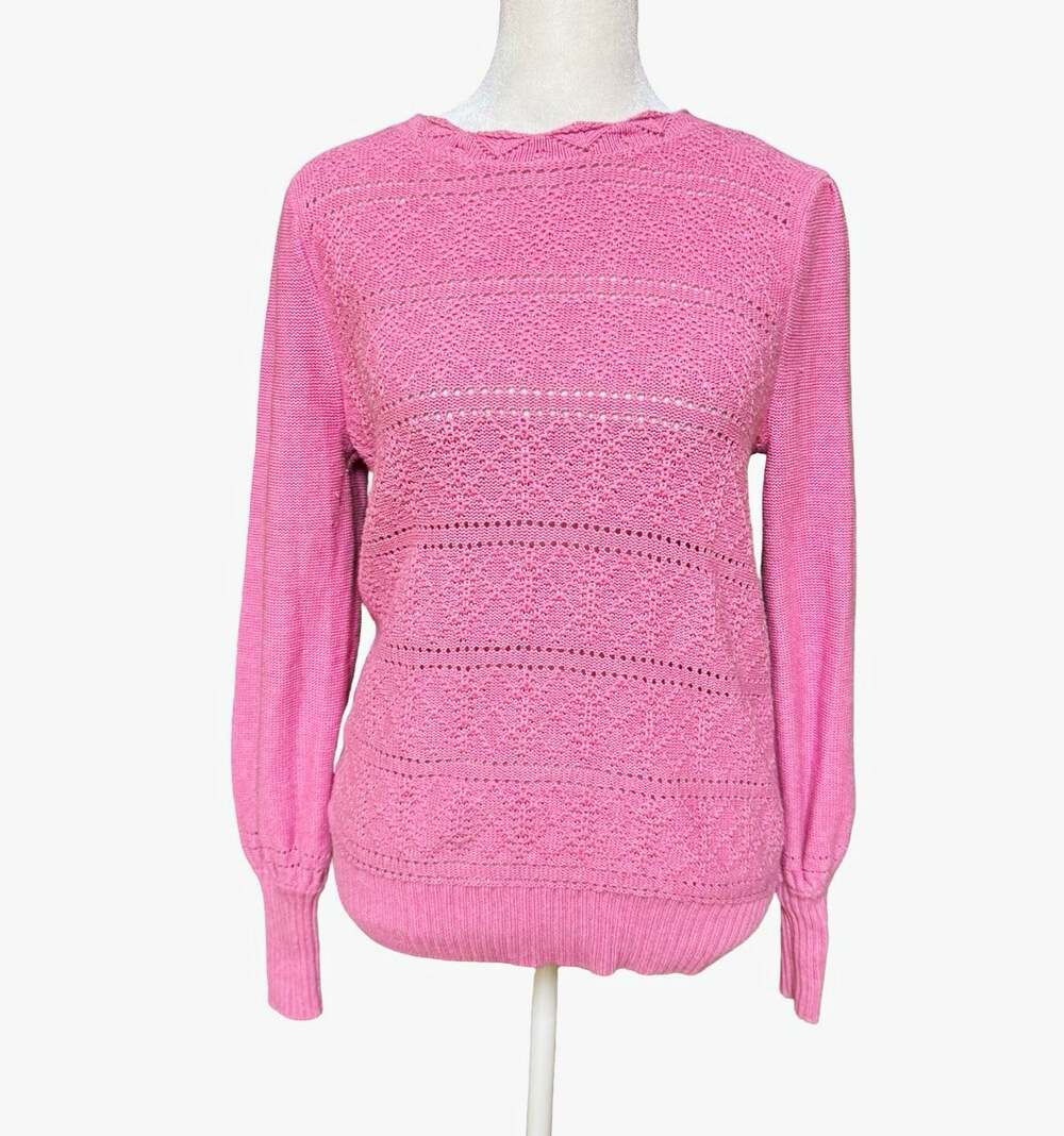 LOFT Pink 100% Cotton Open-Knit Crewneck Pullover Sweater Long Sleeve S